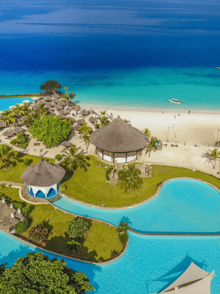 Turquoise ocean views at a tropical resort with pools and sandy beach.