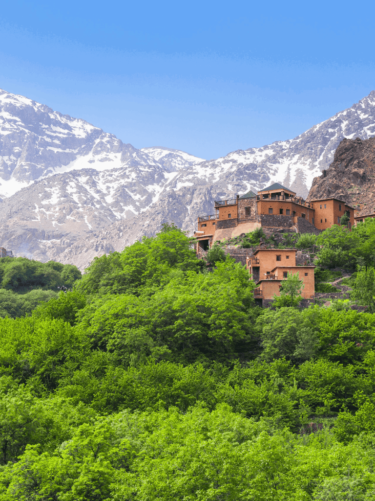 Scenic mountain village with lush green trees and snow-capped peaks in the background.