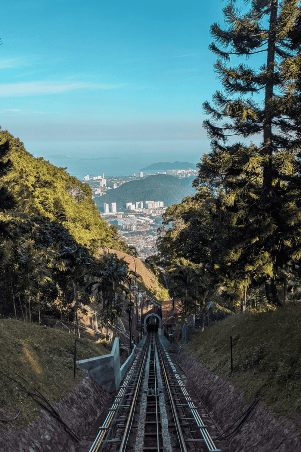 Aerial view of a funicular railway descending through lush forest with city skyline and mountains in the background.