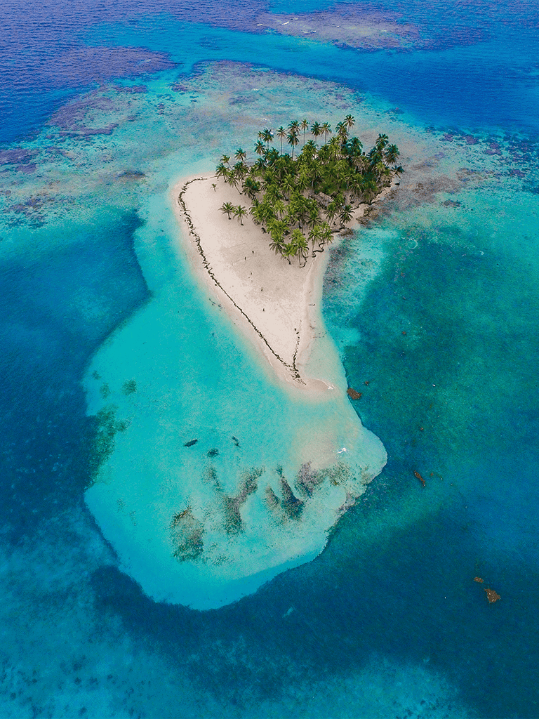Pristine tropical island surrounded by turquoise waters and lush palm trees.