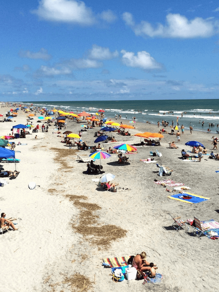 Colorful beach umbrellas and sunbathers on a busy sandy shoreline under blue skies.