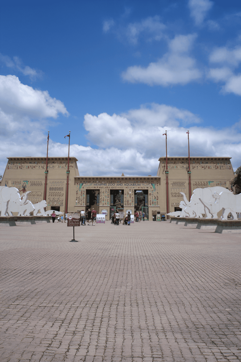 Ancient Egyptian themed entrance at Memphis Zoo and Aquarium with iconic animal sculptures and hieroglyphic decorations.