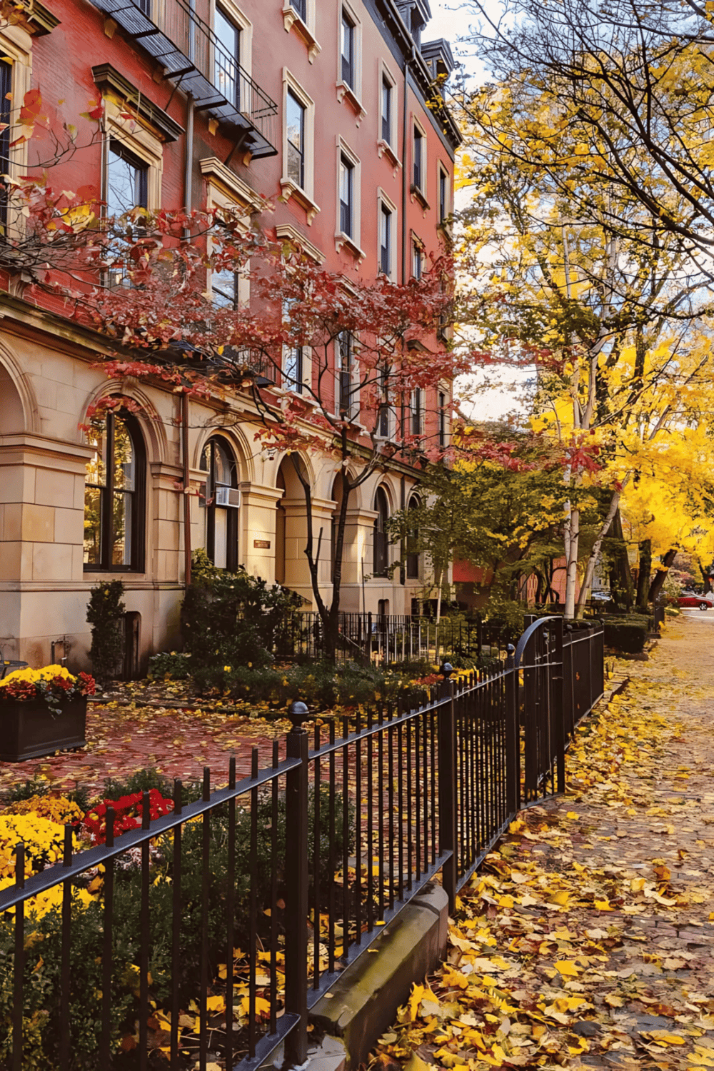 Colorful autumn leaves on a tree-lined city street with historic brownstone buildings - fall scenery.