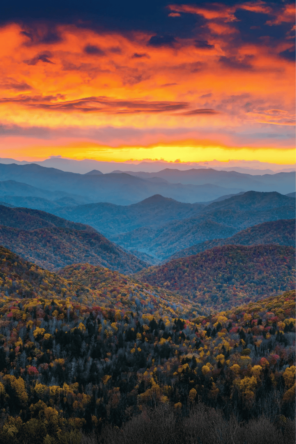 Vibrant mountain landscape at sunset with colorful foliage and rolling hills, perfect for navigation and outdoor adventures.