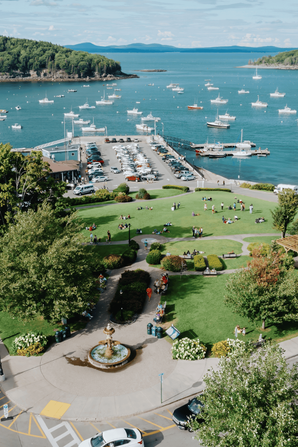 Aerial view of a beautiful waterfront park with boats, green lawn, and walking paths. Perfect for leisure and scenic adventures.
