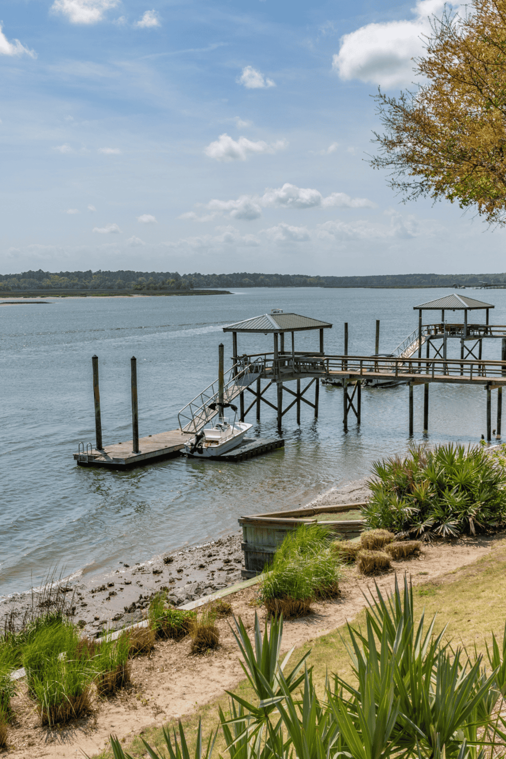 Boat dock with gazebo on river at QuestForDirections.