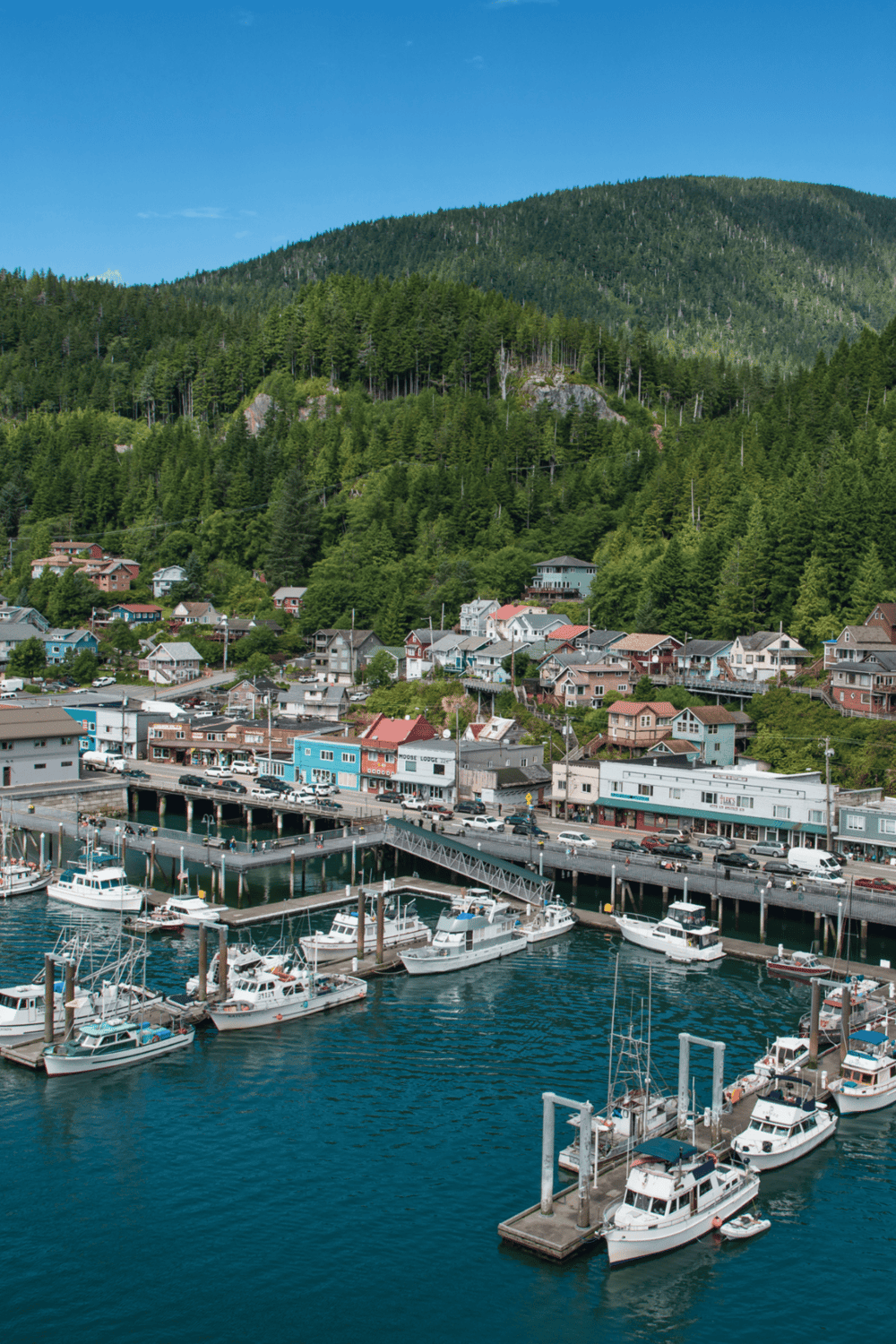 Charming coastal town with colorful buildings, boats, and lush green mountains in the background.