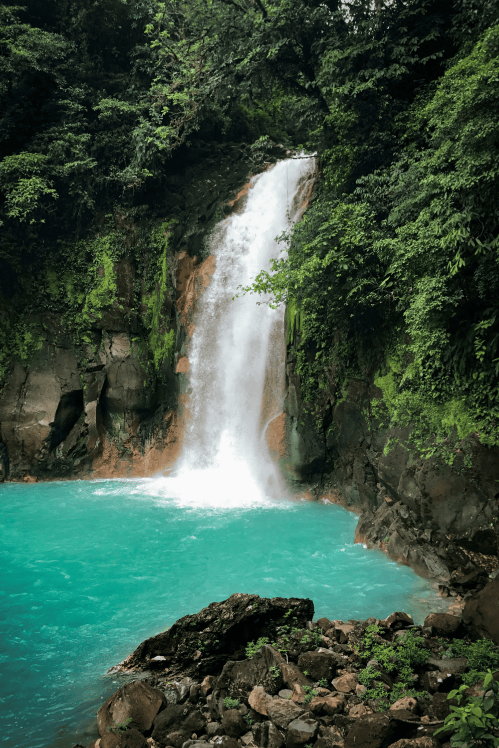 Waterfall in lush rainforest for travel inspiration.
