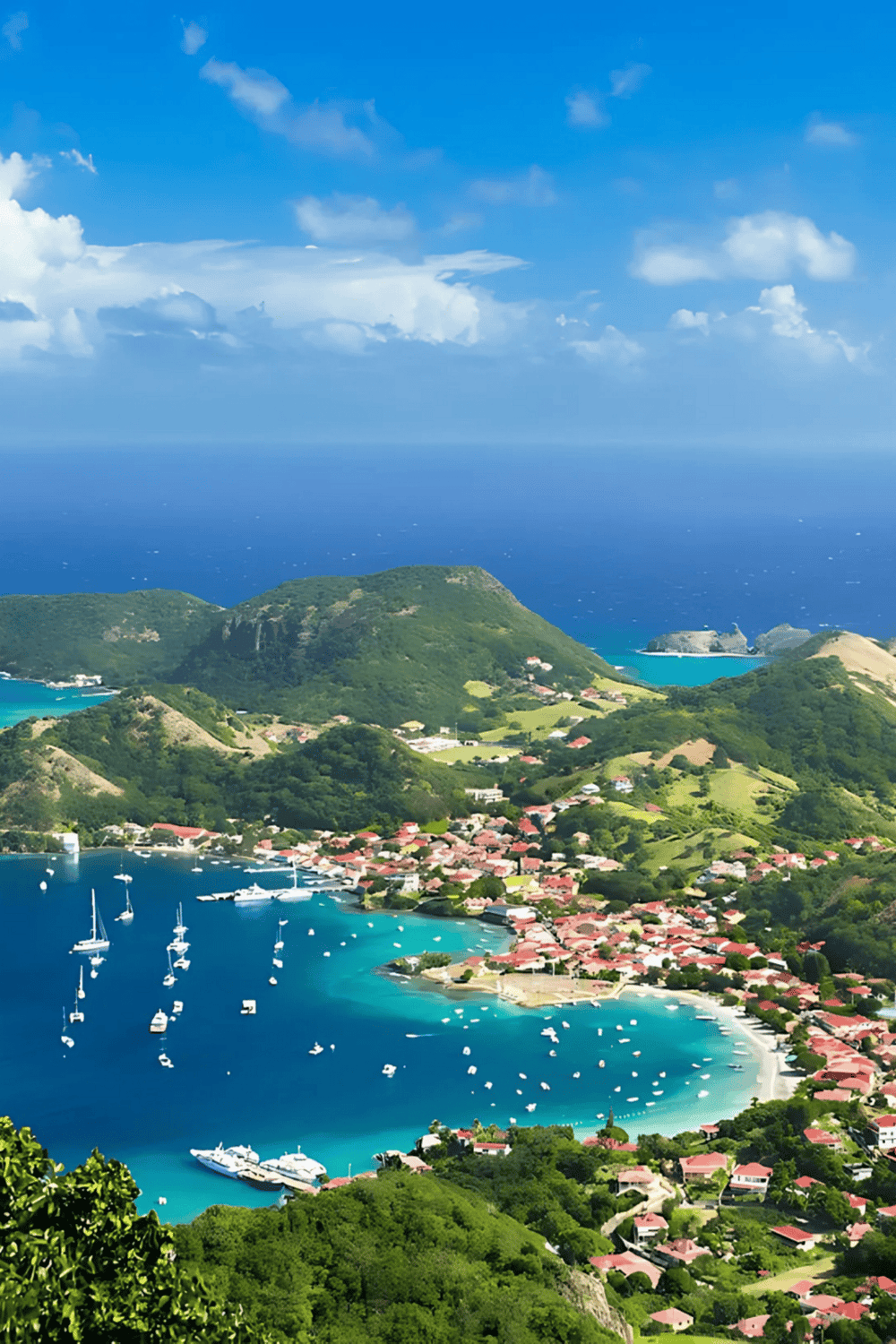 Vibrant tropical island with lush green hills and clear blue waters, ideal for travel and adventure.