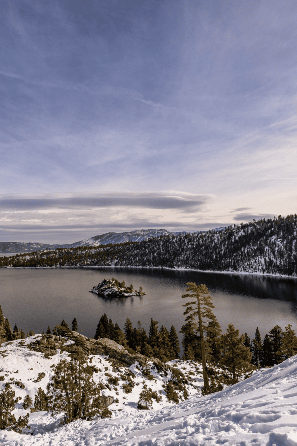 Snowy mountain lake with pine trees and clear sky in the background.
