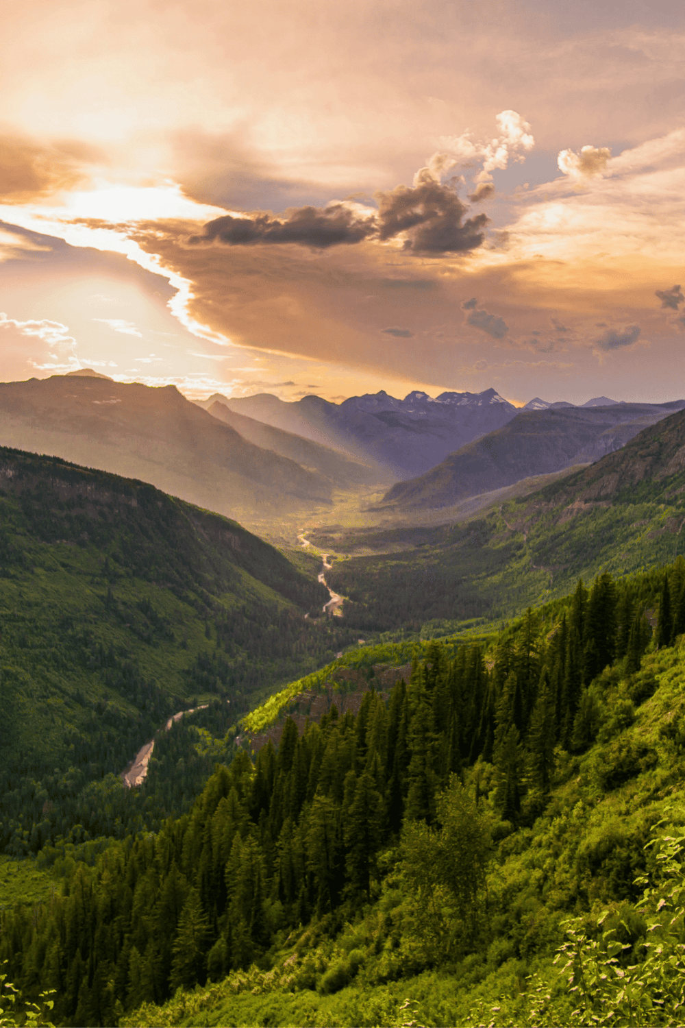Breathtaking mountain valley landscape with lush greenery and winding river at sunset.