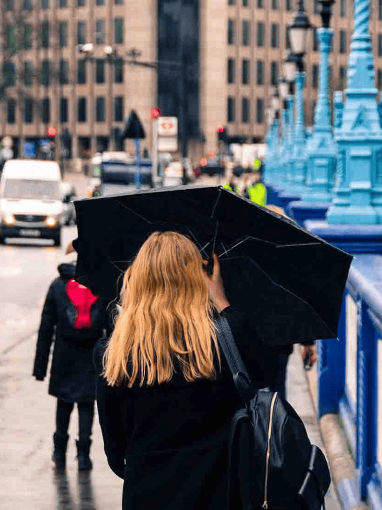 Urban city street scene with woman holding black umbrella, busy traffic, and landmarks in background.