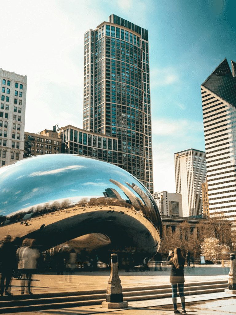 Chrome Reflection Cloud Gate Chicago Skyline Downtown Modern Architecture Tall Building Cityscape Parks and Tourism.