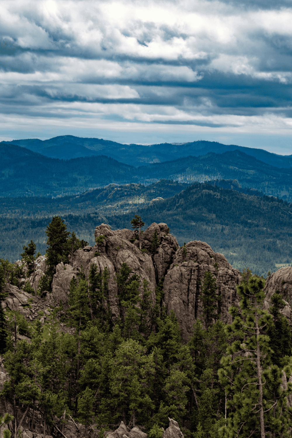 Breathtaking mountain landscape with rugged rocks and lush pine trees under a cloudy sky.