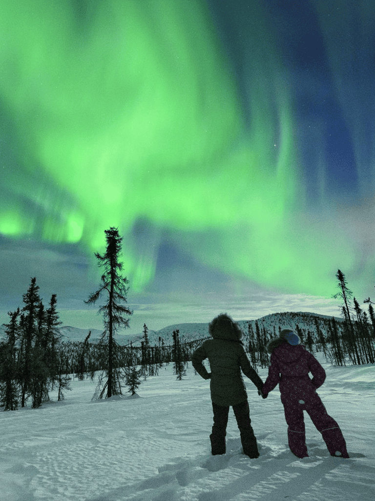 Aurora borealis over snowy landscape with children holding hands, winter adventure in nature, stunning northern lights scene, QuestForDirections.