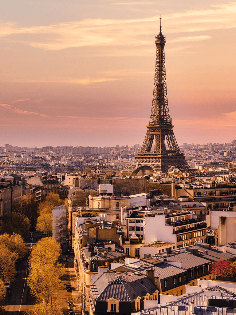 Eiffel Tower at sunset in Paris with cityscape and autumn trees in foreground.