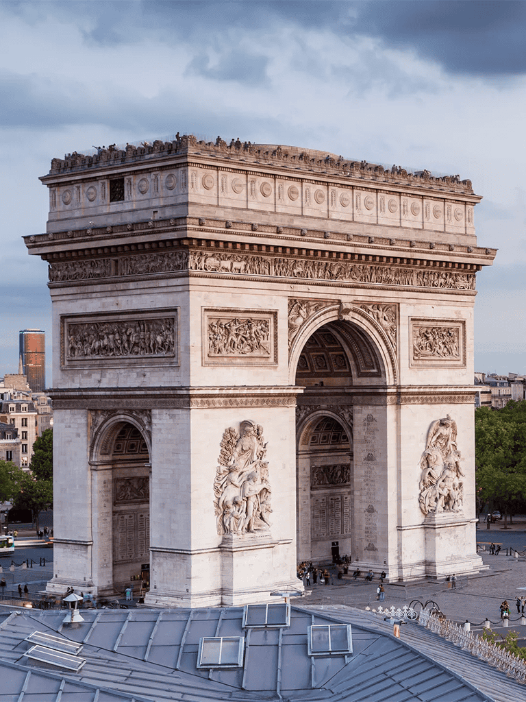 Majestic Arc de Triomphe in Paris, France, landmark in famous Champs-Élysées boulevard.