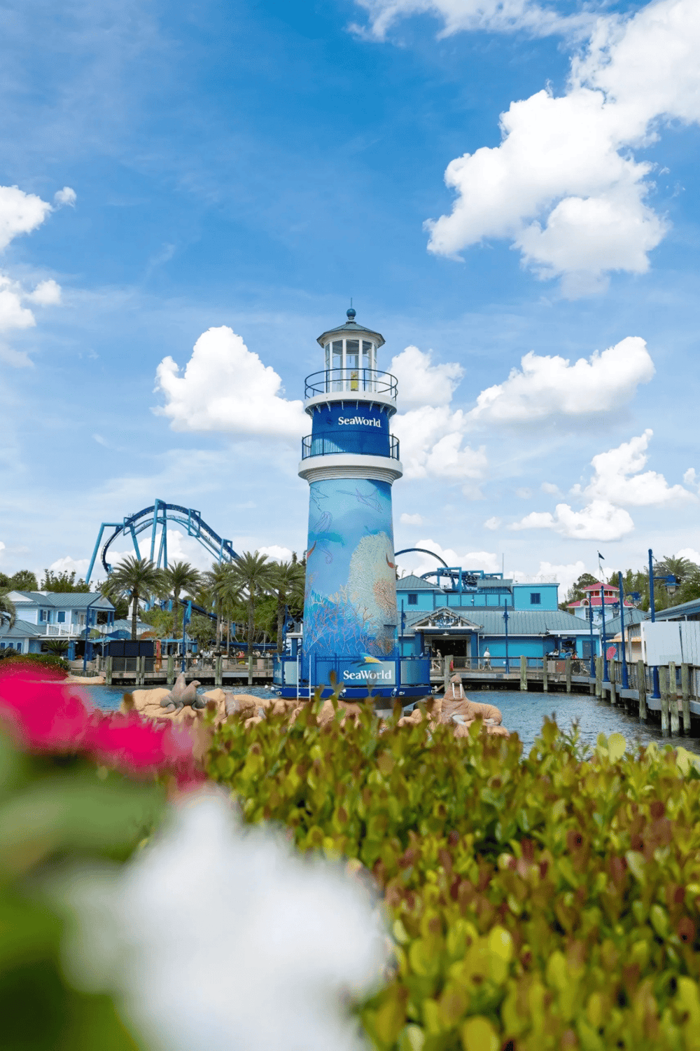 Colorful lighthouse at SeaWorld Orlando, popular amusement park and family-friendly destination.