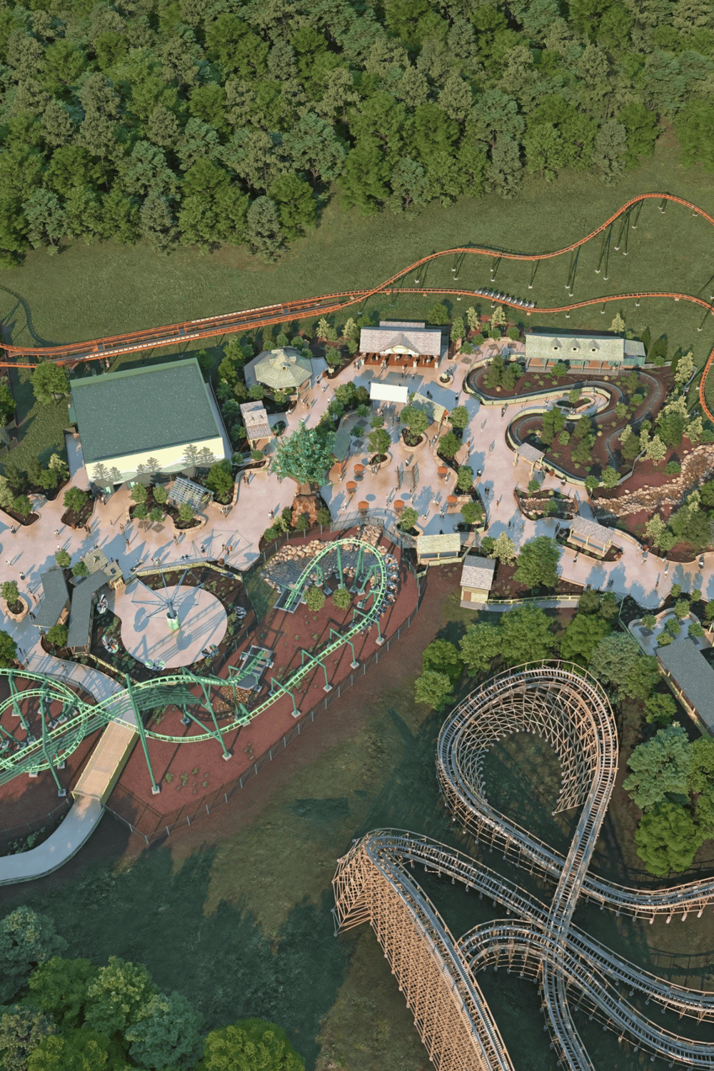 Thrilling roller coasters at Quest For Directions amusement park with lush green surroundings.