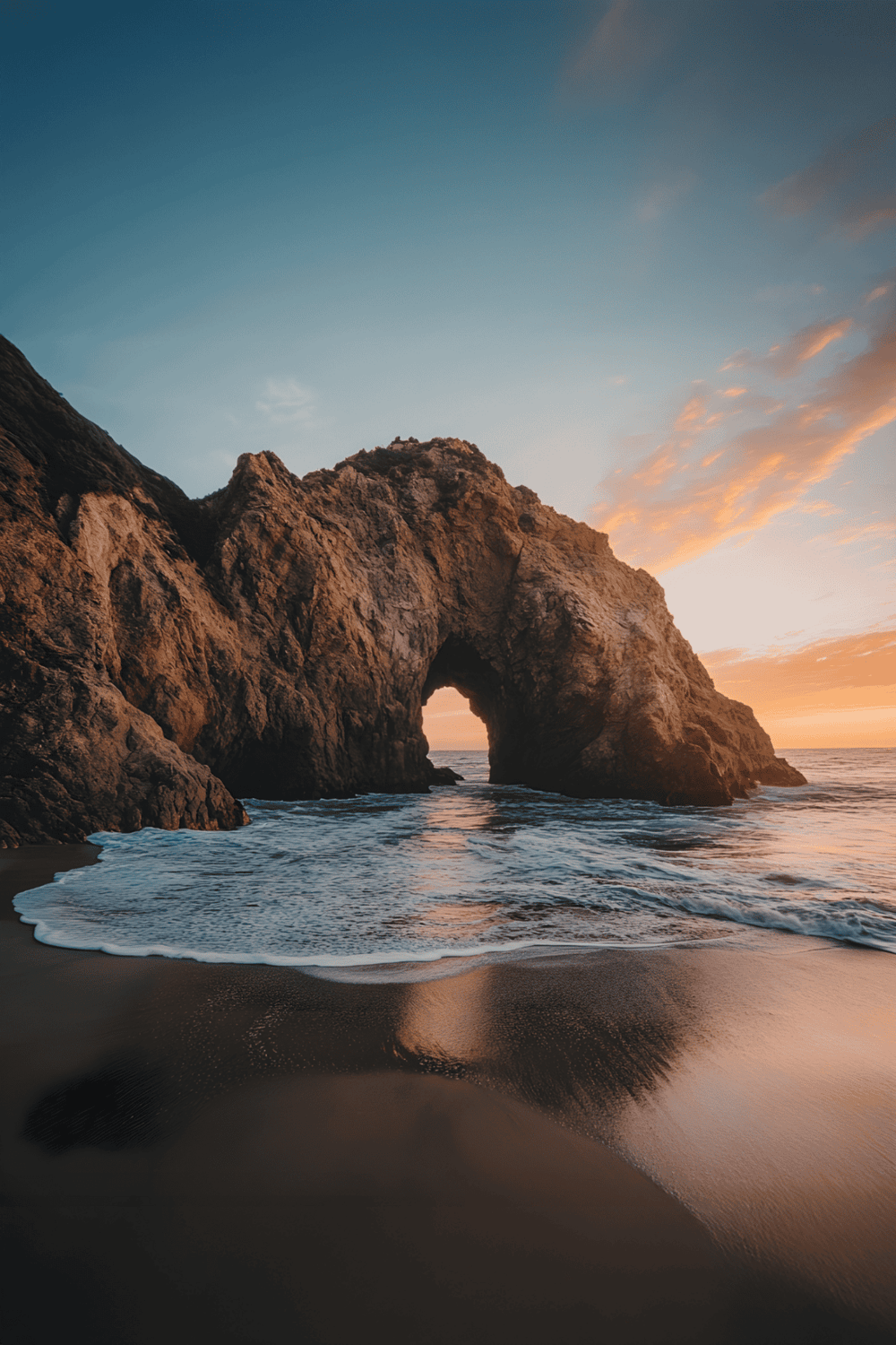 Seaside rock arch at sunset, reflecting on sandy beach, scenic coastal landscape for travel and nature exploration.