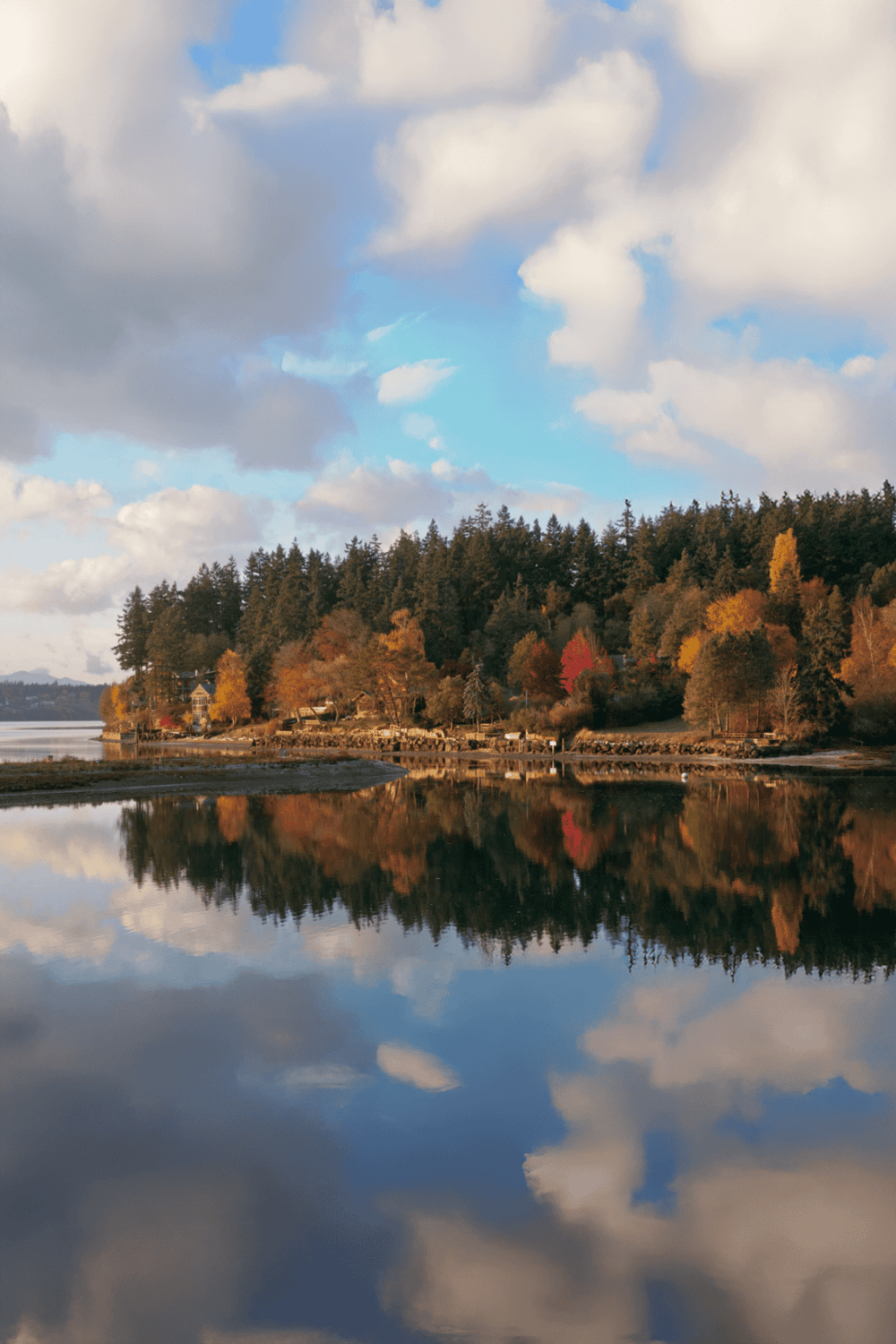 Tranquil lakeside scenery with colorful autumn trees and reflections under a partly cloudy sky.