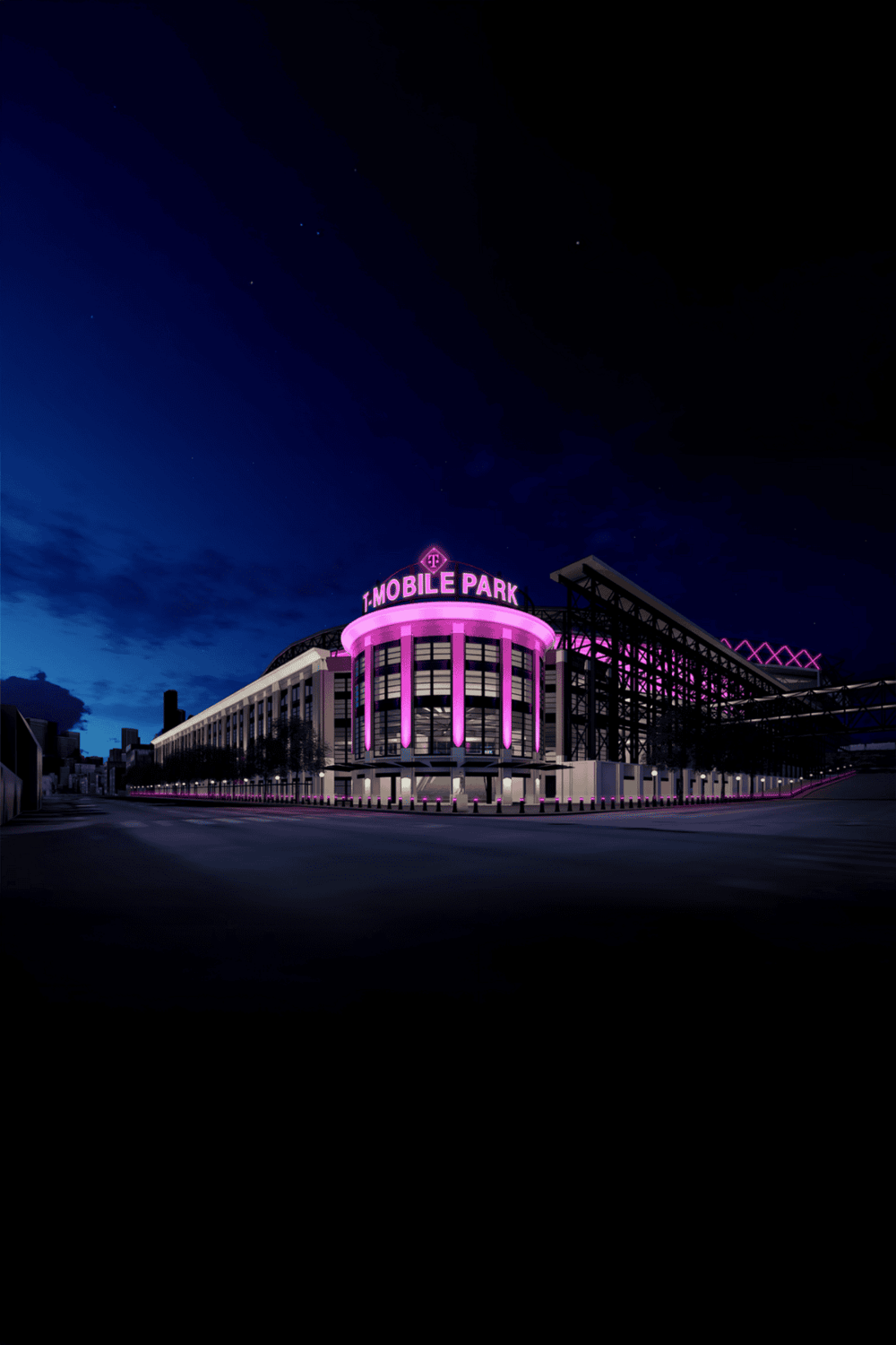 Bright neon-lit T-Mobile Park at night, iconic stadium in urban cityscape.
