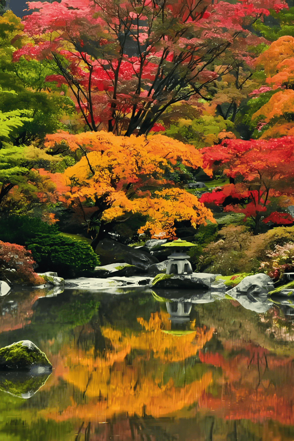 Autumn landscape with colorful trees and tranquil pond reflecting vibrant foliage.
