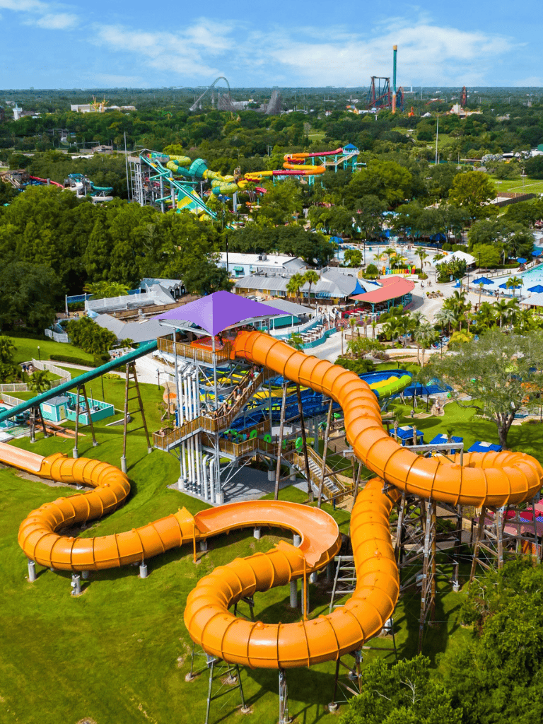 Vibrant water park with twisting slides, lush greenery, and amusement rides in the background.