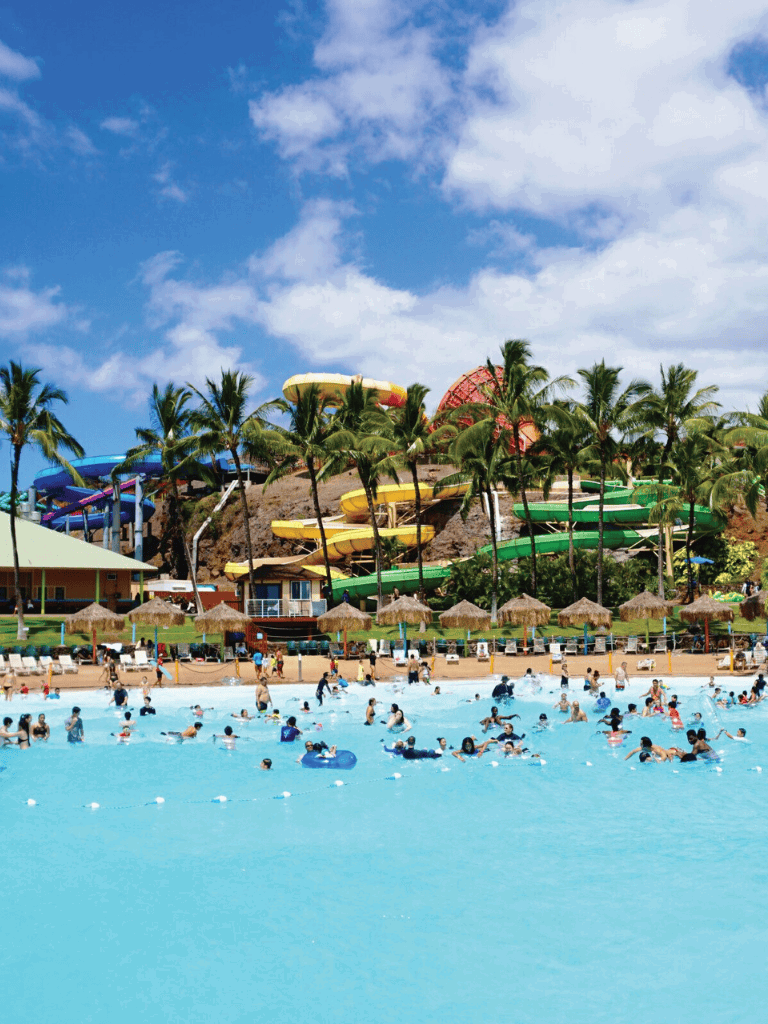Vibrant water park with multiple water slides, palm trees, and visitors enjoying a sunny day in tropical paradise.