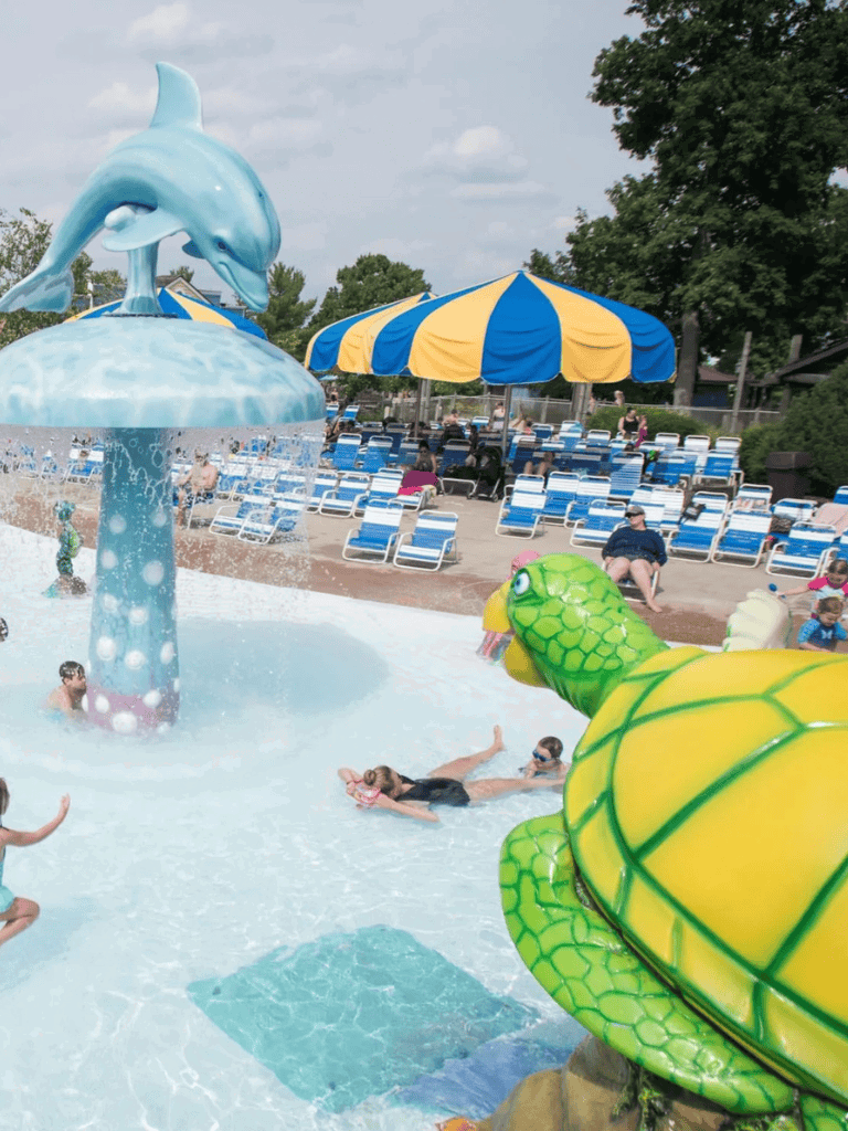 Colorful water spray pad with dolphin and turtle inflatables at a family-friendly water park.
