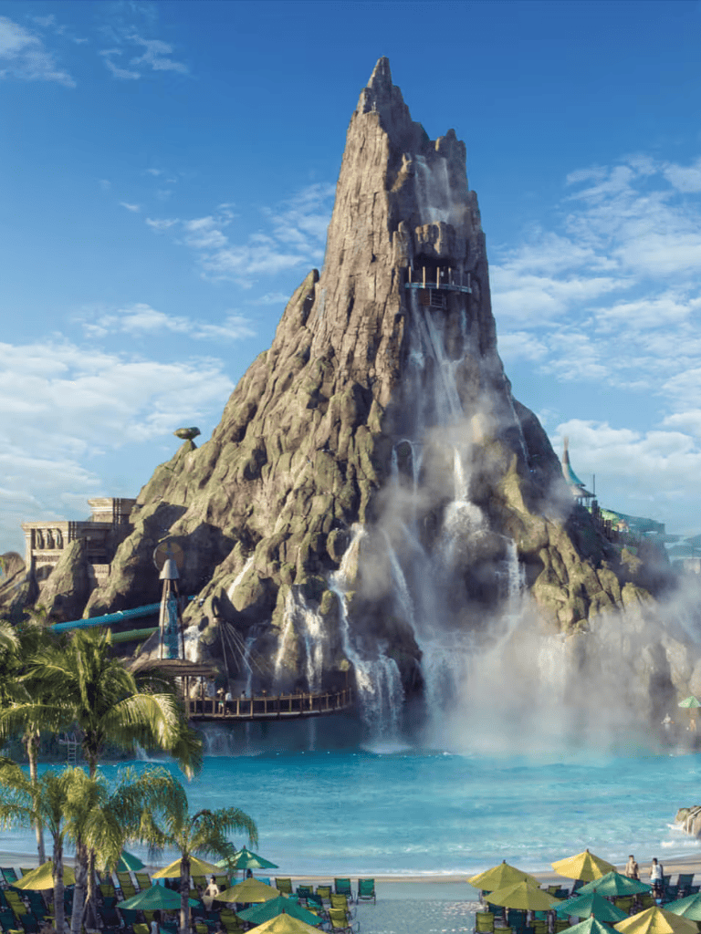 Volcano water park attraction at QuestForDirections resort, tropical paradise with exciting rides.