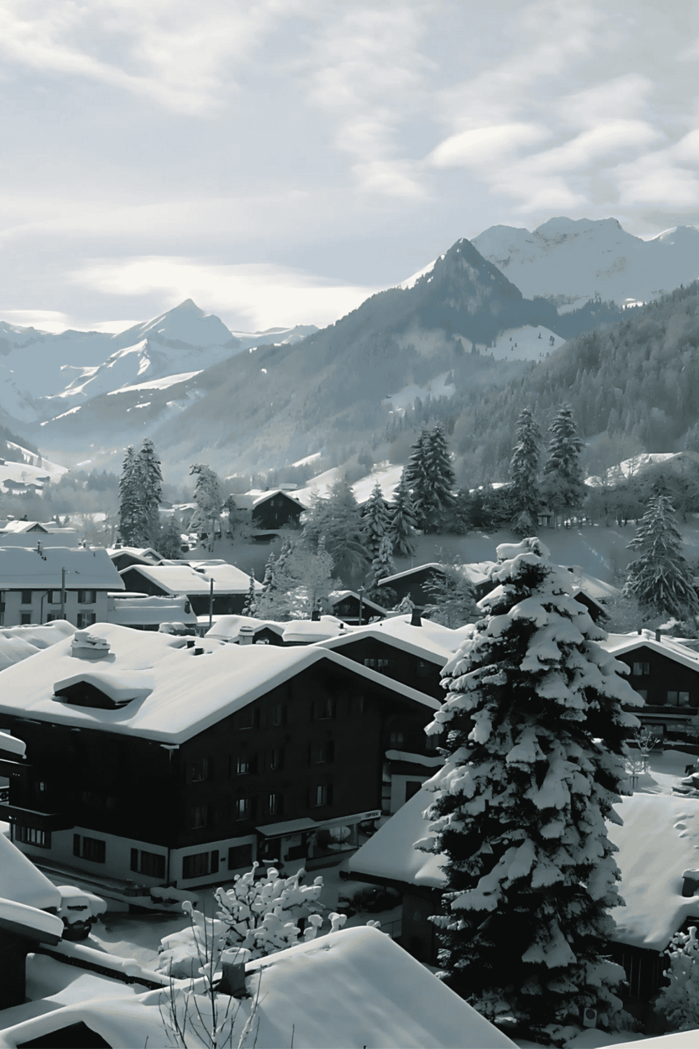 Snow-covered mountain village, scenic winter landscape in Alps, Swiss resort, cozy chalets, winter vacation destination.