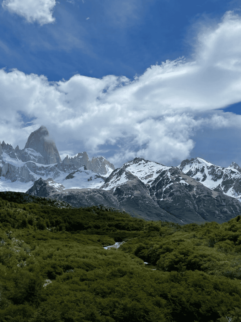 Snow-capped mountain range with lush green forest below, blue sky, and white clouds in the background.