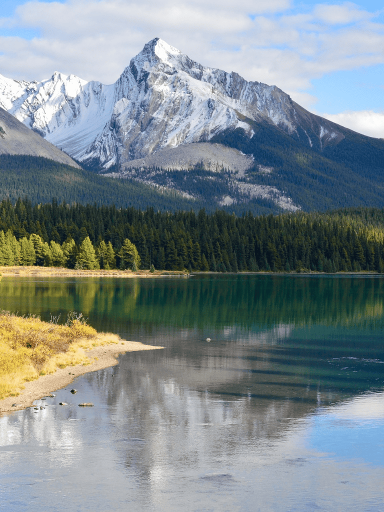 Snow-capped mountain reflection in serene lake with forested shoreline, scenic nature landscape.