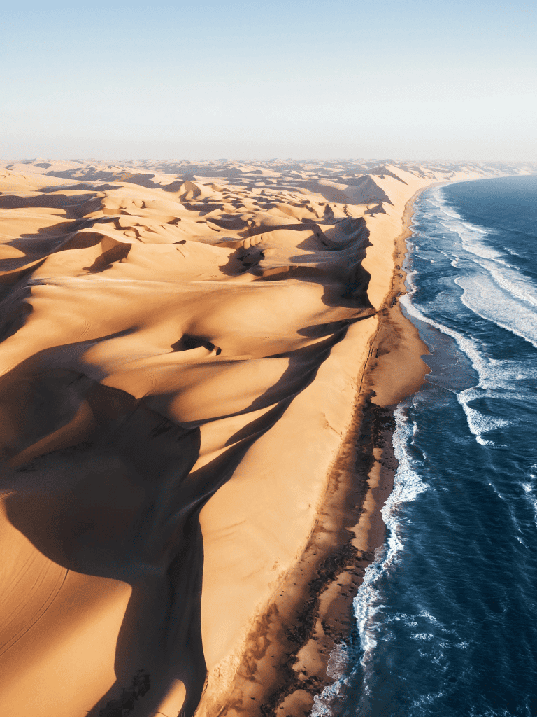 Vast desert dunes meeting the ocean shoreline, illustrating desert and coast travel destinations.