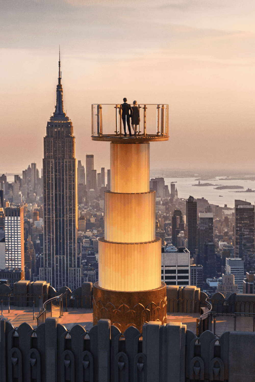 Spectacular city skyline view from the Empire State Building observation deck at sunset.