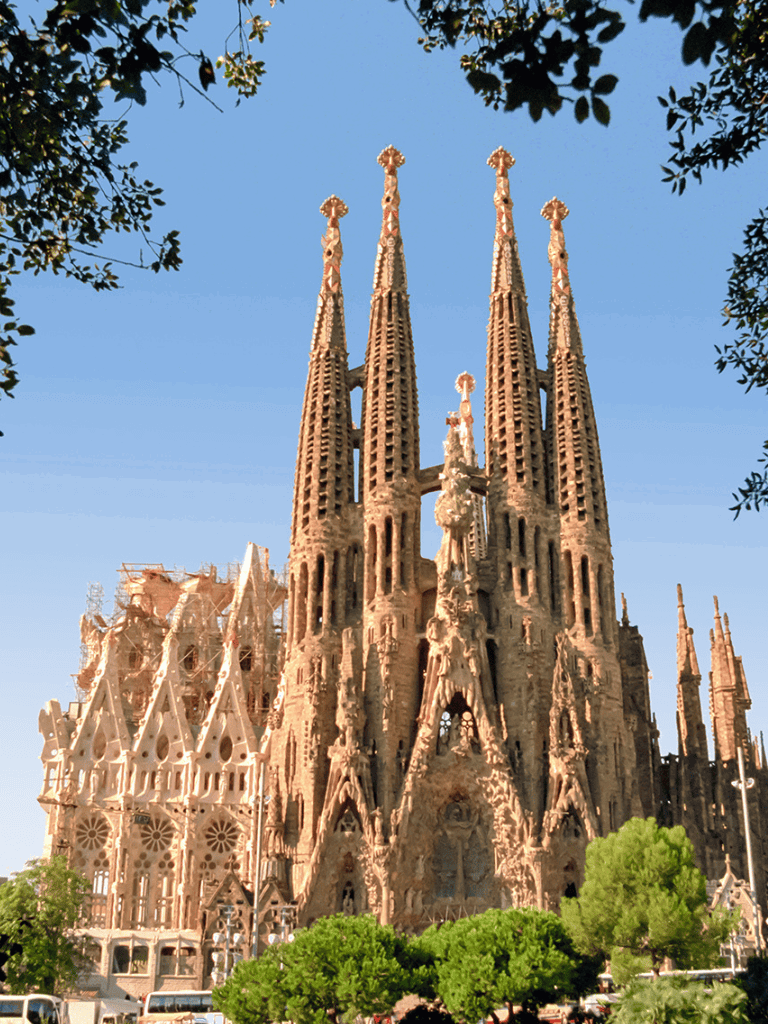 Iconic Sagrada Familia basilica in Barcelona, Spain with intricate design and towering spires.