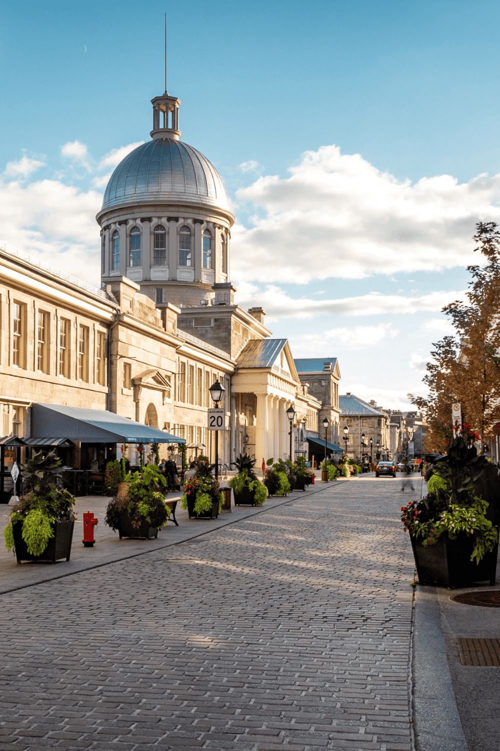 Historic downtown street with federal-style buildings and a prominent domed government building in the background.