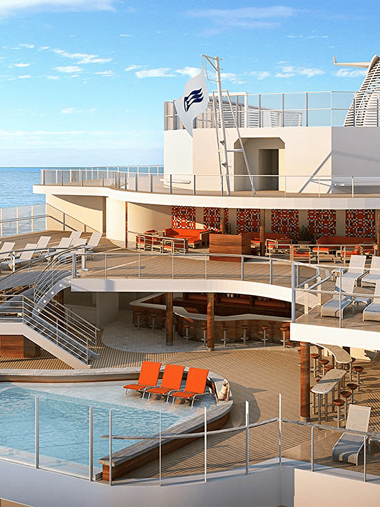 Luxury cruise ship deck with pool, lounge chairs, and ocean view, showcasing QuestForDirections travel services.