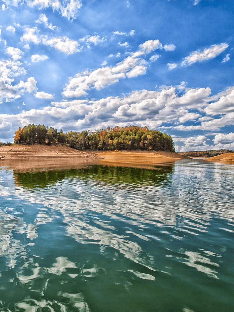 Serene lake with trees and blue sky, perfect for outdoor adventures and nature exploration.