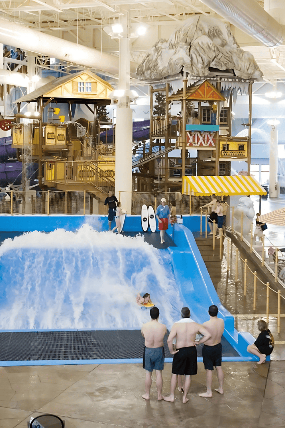 Indoor water park with slides and wave pools, family-friendly fun, tropical themed attractions, and water adventure activities.