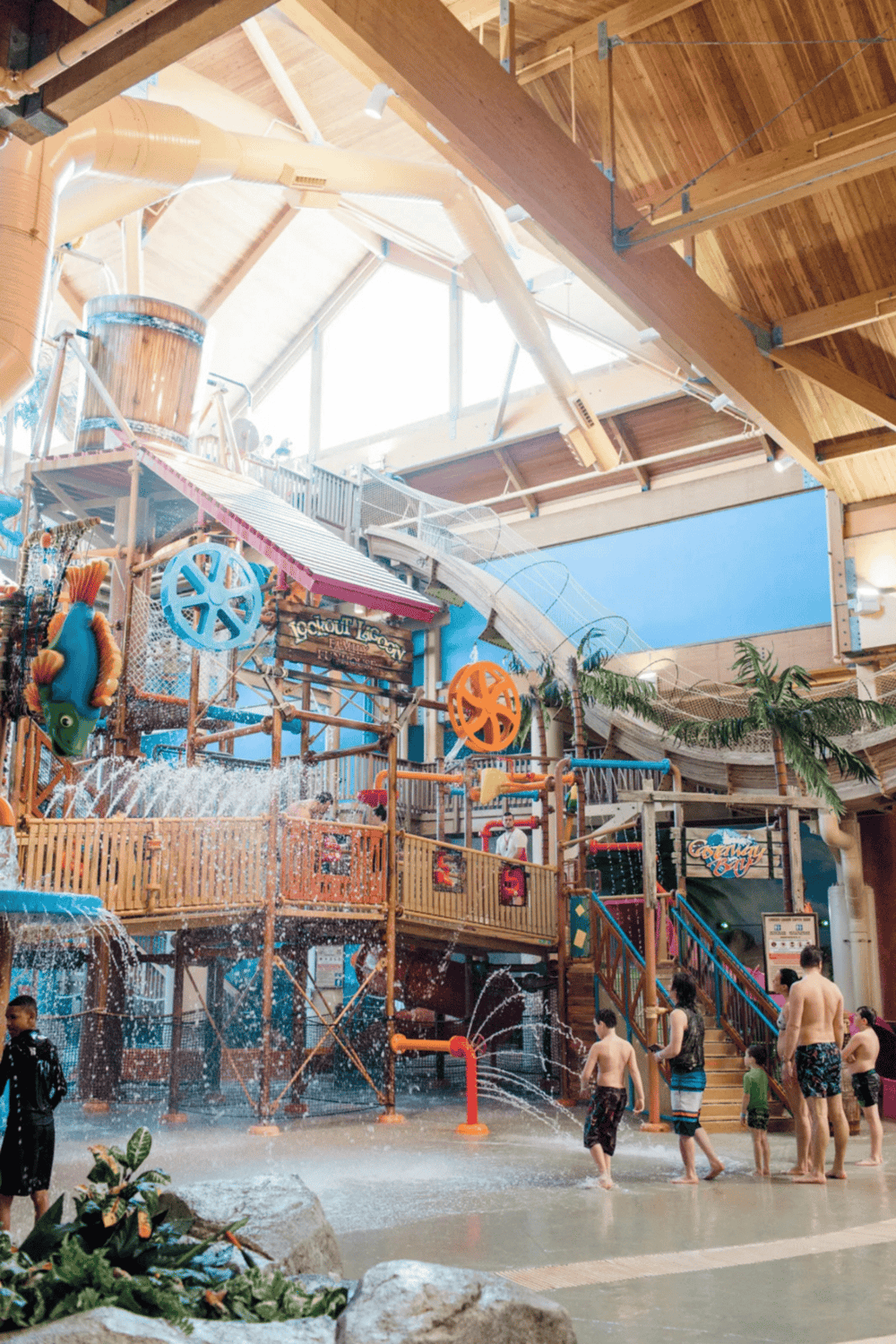 Indoor water park with water slides and attractions for family fun.