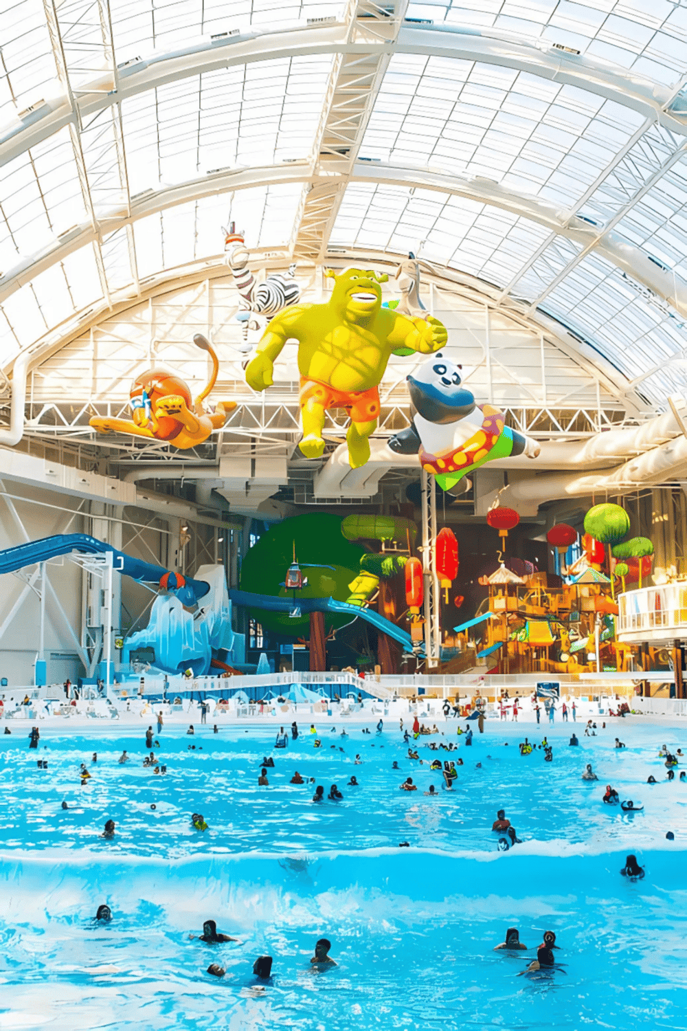 Indoor waterpark with water slides and character inflatables, popular family entertainment destination.