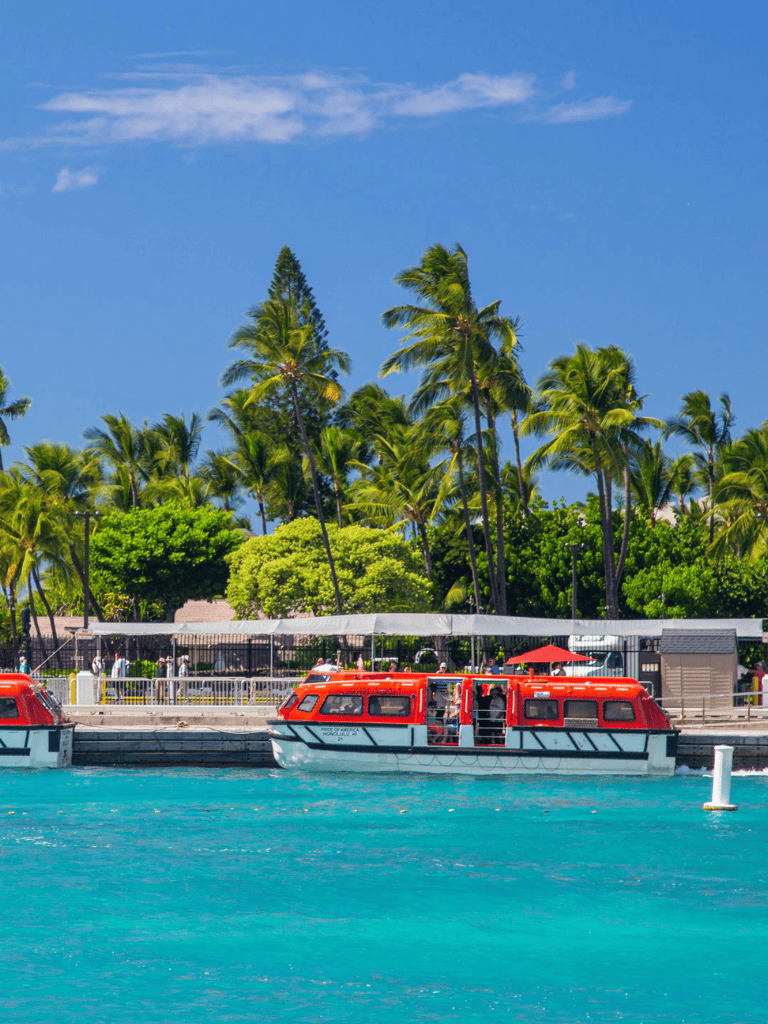 Vessel cruising along tropical island harbor with palm trees and clear blue water.