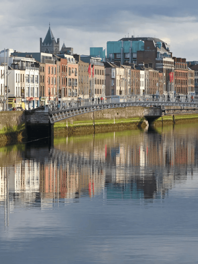 Historic Irish cityscape over river in Galway, Ireland with colorful buildings and iconic architecture.