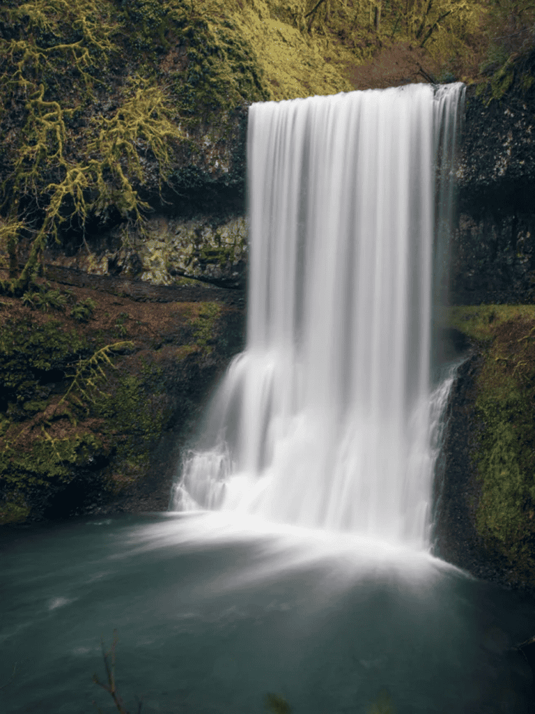 Serene waterfall cascading over rocks into a tranquil pool surrounded by lush green forest.