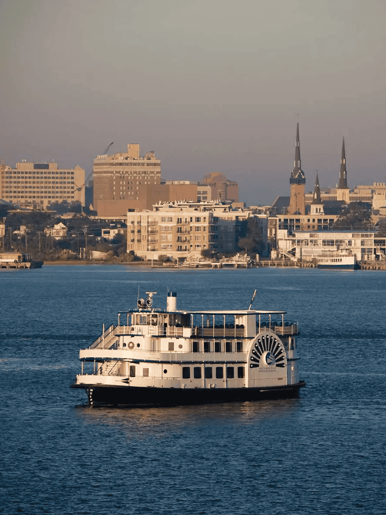 Elegant river cruise boat on water with city skyline and historic architecture in background.