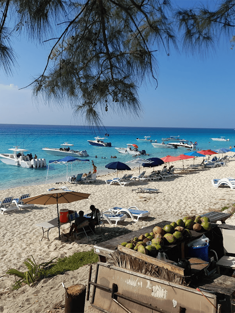 Relaxing beach with boats, umbrellas, and coconut stand on sandy shore, perfect for a seaside vacation.