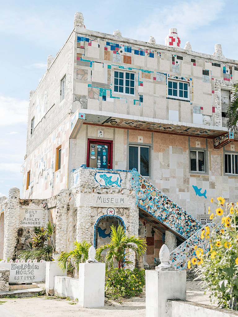 Colorful mosaic art on historic building at Museum of Modern Art, Miami, Florida.