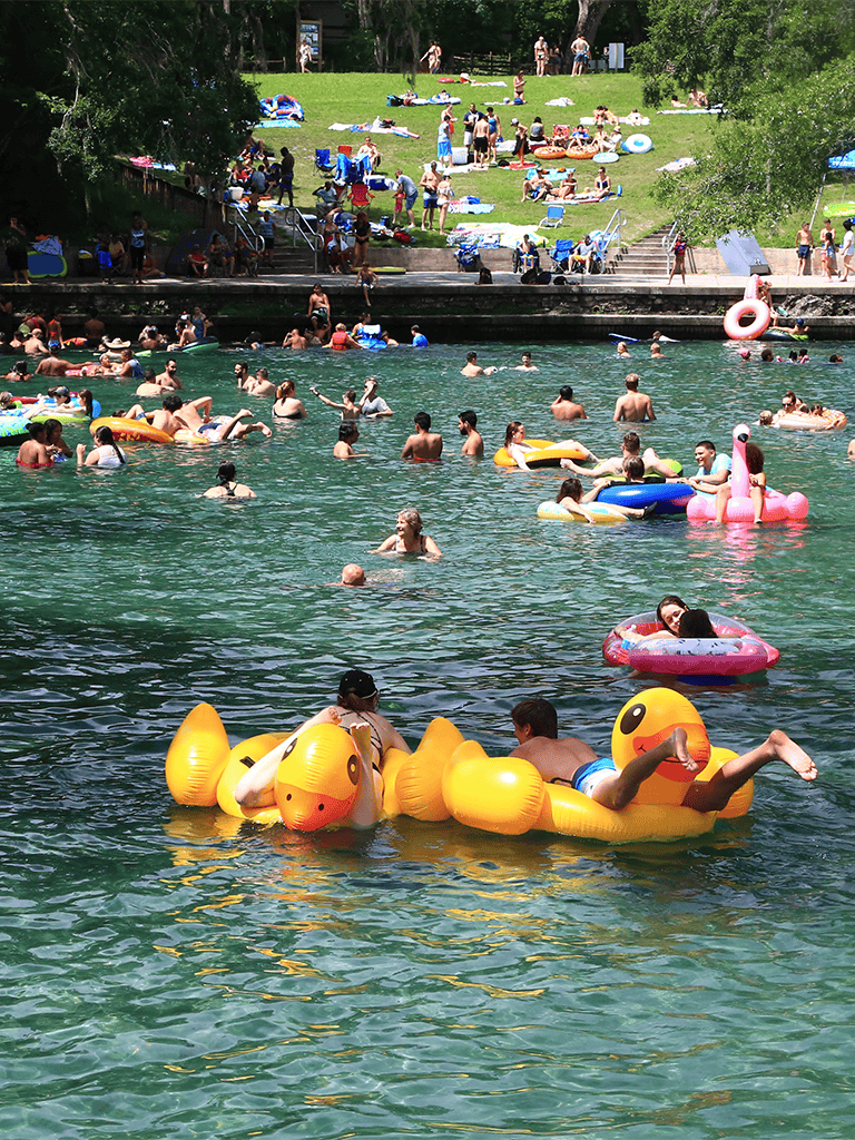 Colorful inflatable ducks float in a busy public swim area with people relaxing in the river and enjoying summer fun.